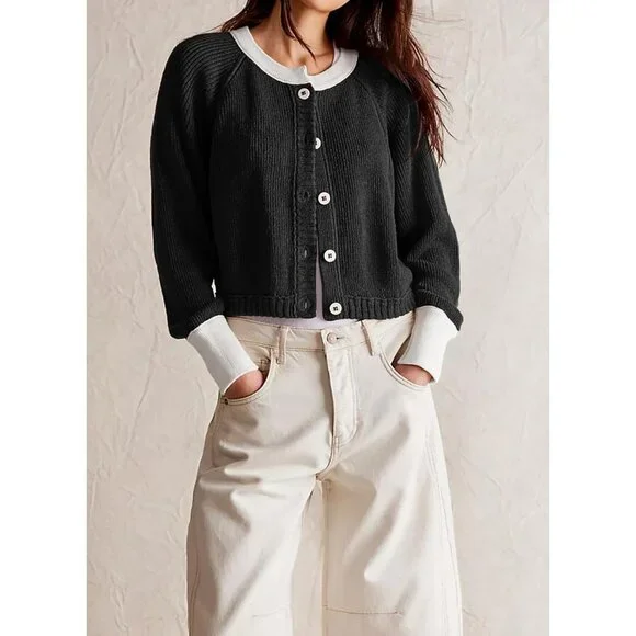Women Knitted Button Down Cropped Cardigan Jacket Sweater Y2k Fall Knit Color Bl - Picture 3 of 5
